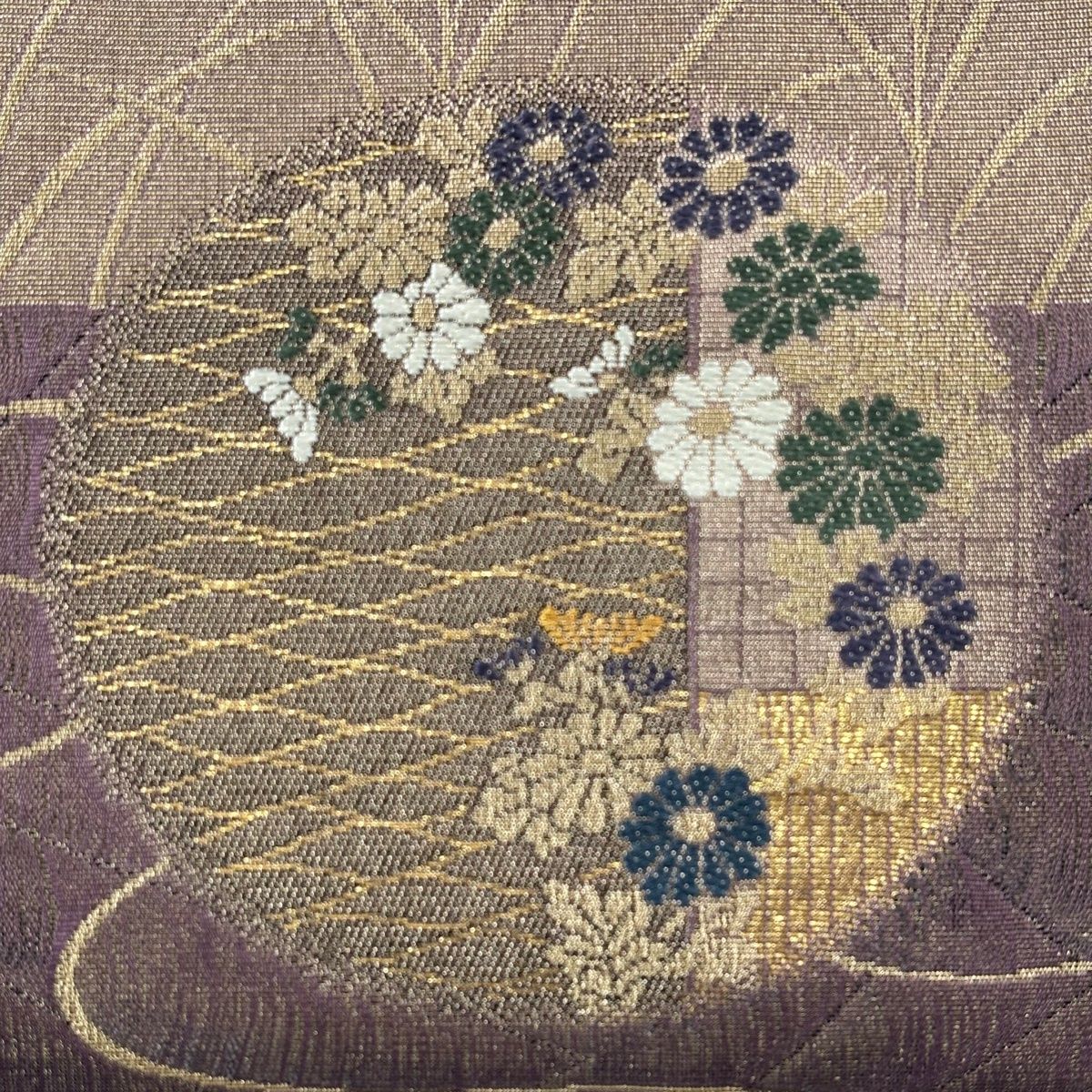 袋帯 秀品 草花 流水 金糸 箔 紫 六通 正絹