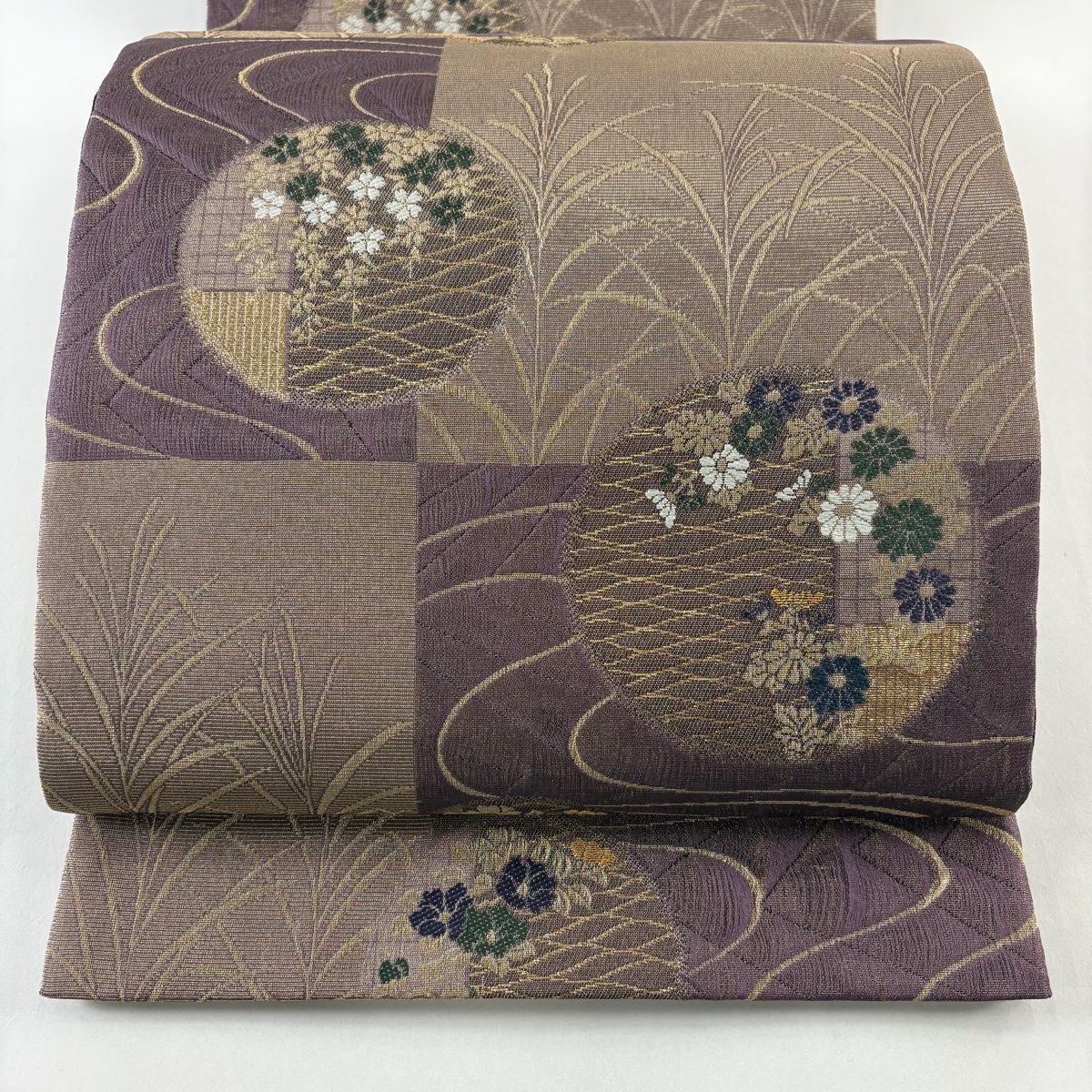 袋帯 秀品 草花 流水 金糸 箔 紫 六通 正絹