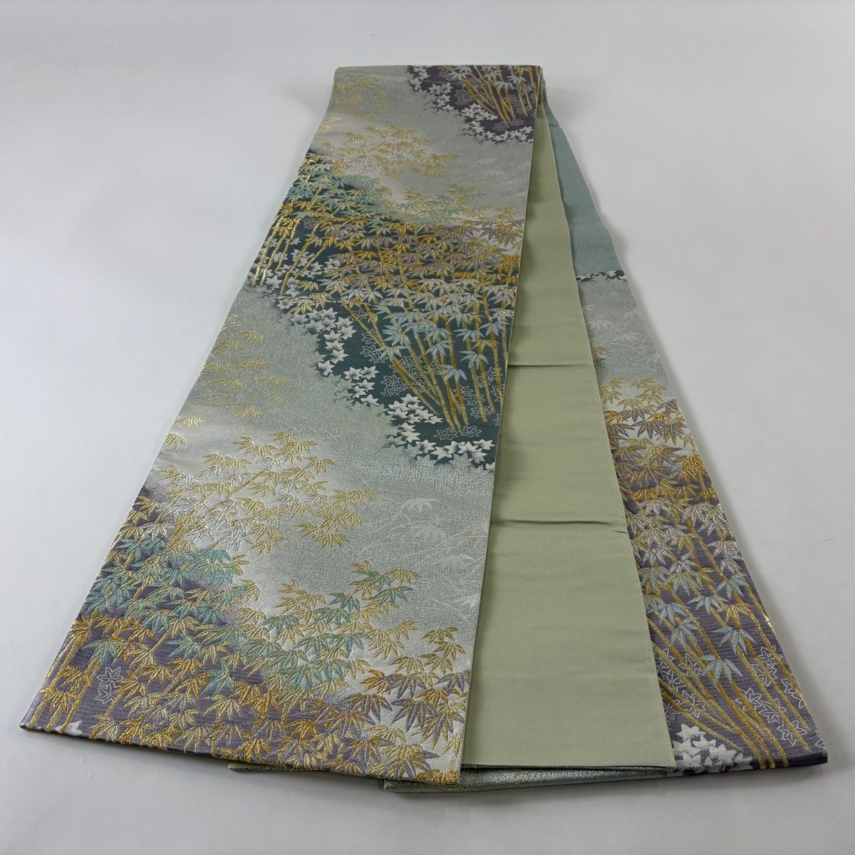  袋帯 秀品 竹 楓 金銀糸 箔 灰紫 六通 正絹 袋帯 帯