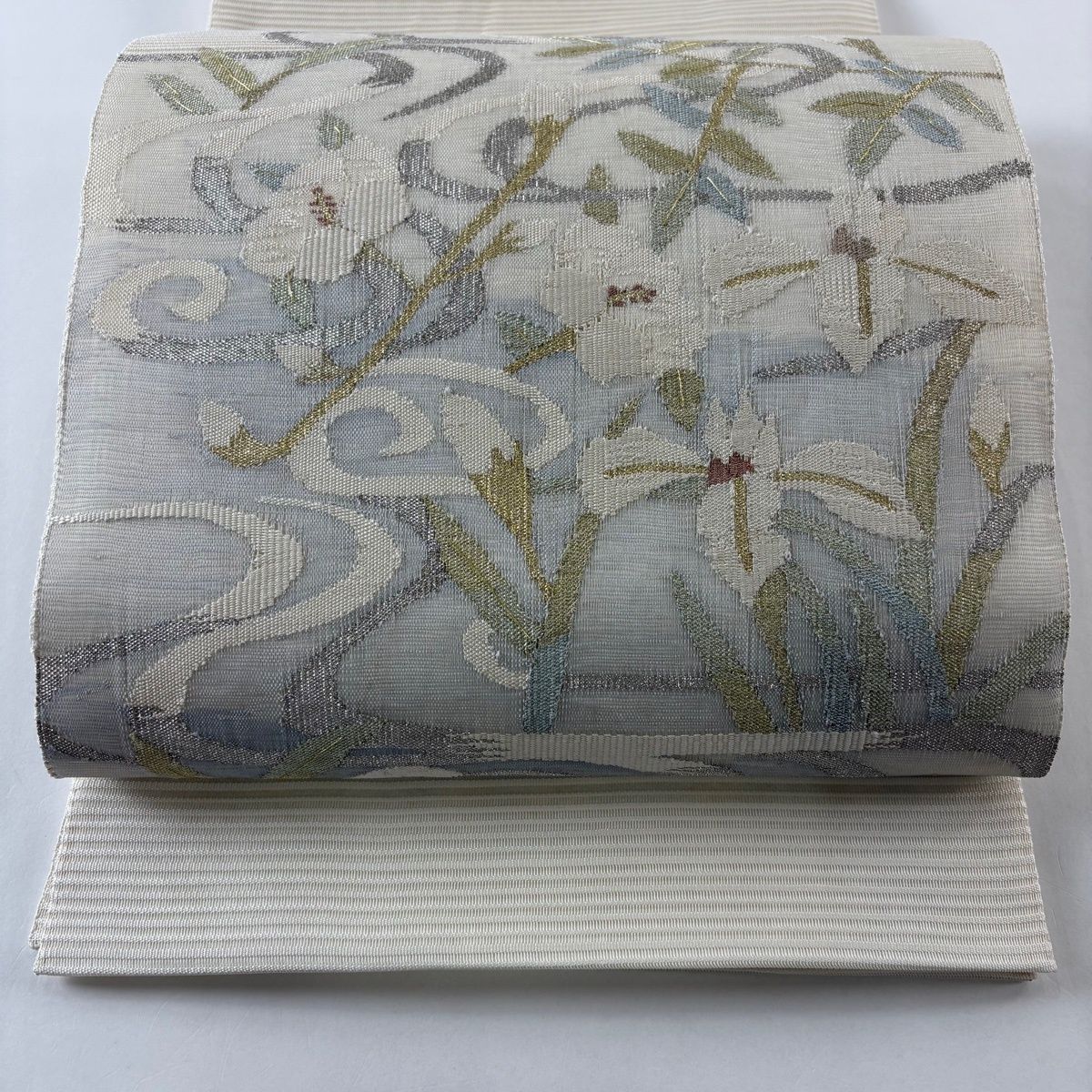 袋帯 秀品 夏帯 絽 菖蒲 流水 金銀糸 青灰色 お太鼓柄 正絹