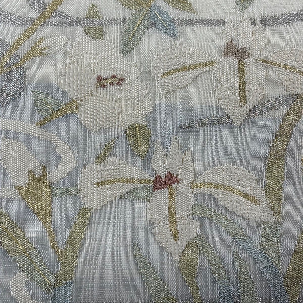 袋帯 秀品 夏帯 絽 菖蒲 流水 金銀糸 青灰色 お太鼓柄 正絹