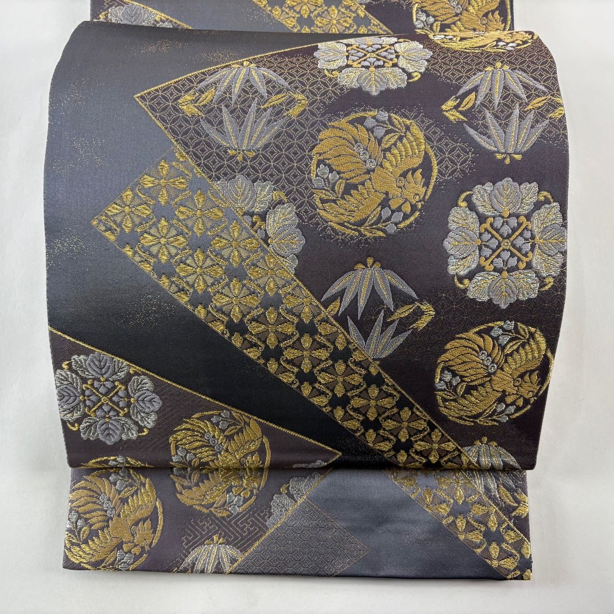 袋帯 秀品 桐竹鳳凰 九百錦縁起文 箔 金銀糸 灰紫 六通 正絹