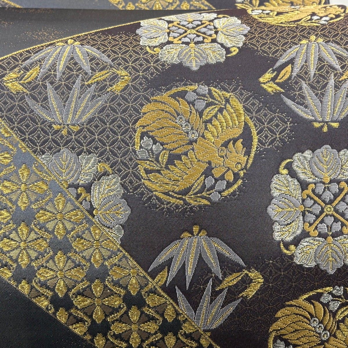 袋帯 秀品 桐竹鳳凰 九百錦縁起文 箔 金銀糸 灰紫 六通 正絹