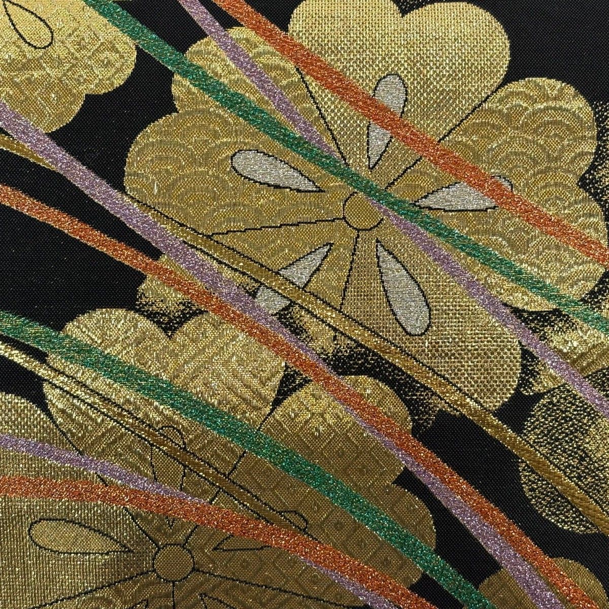袋帯 秀品 振袖向き 花 箔 黒 六通 正絹