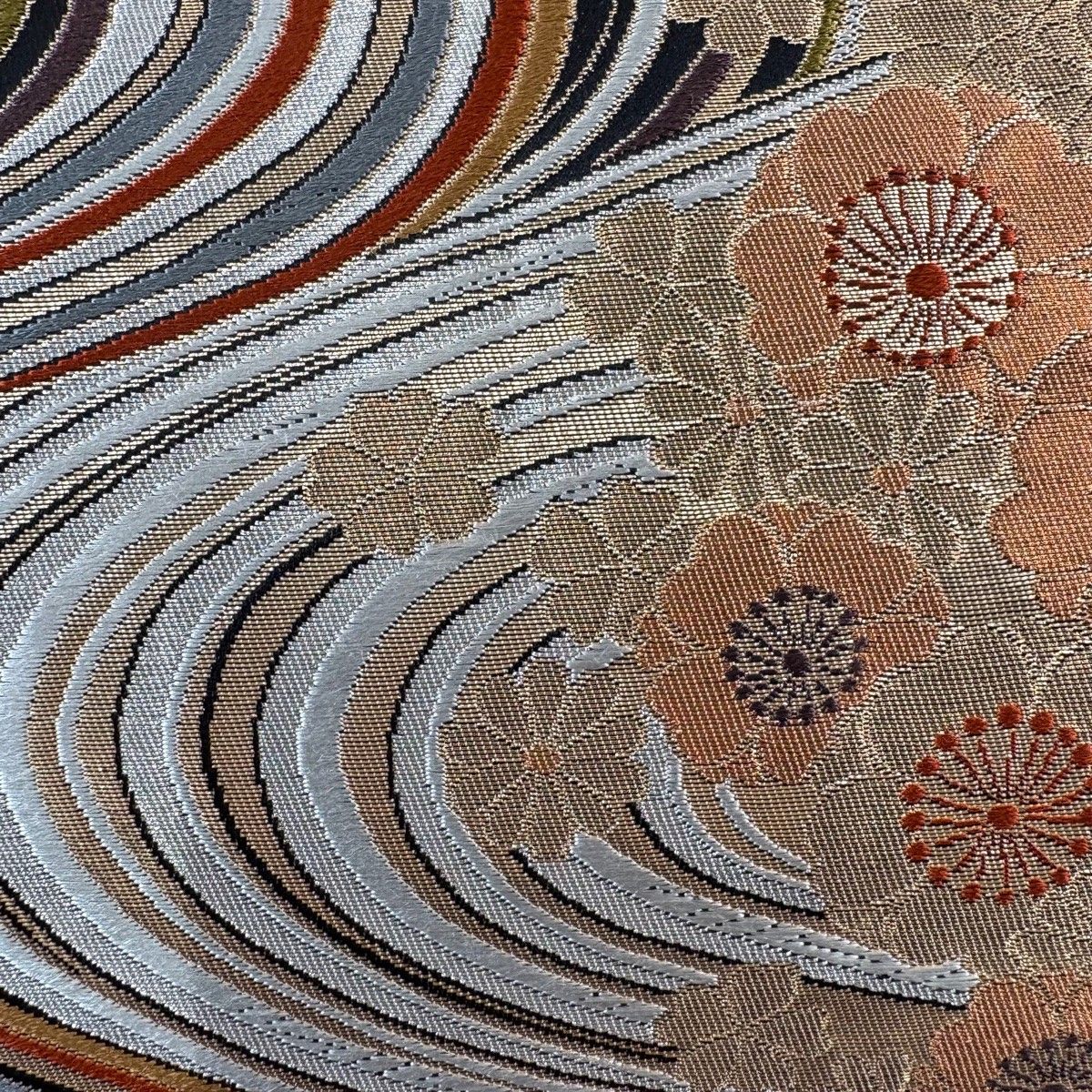 袋帯 秀品 振袖向き 桜 流水 箔 金銀糸 ベージュ 六通 正絹