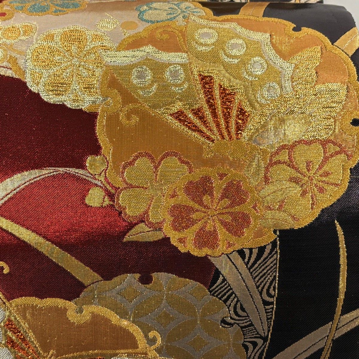 袋帯 秀品 証紙 雪輪 蝶 金銀糸 箔 赤 六通 正絹