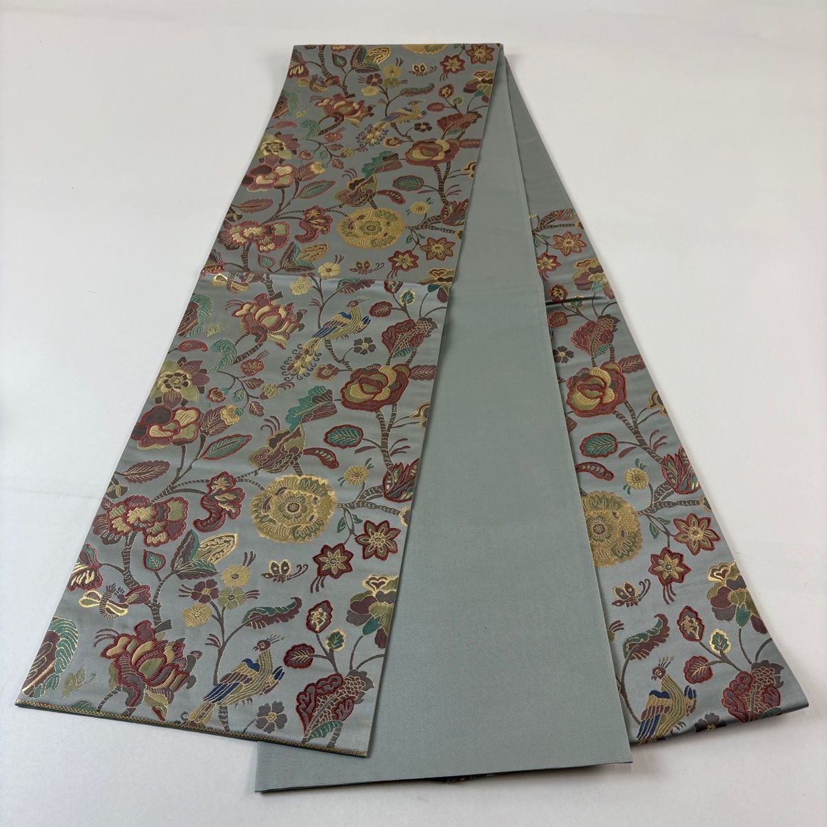  袋帯 秀品 枝花 鳥 箔 青灰色 六通 正絹 袋帯 帯