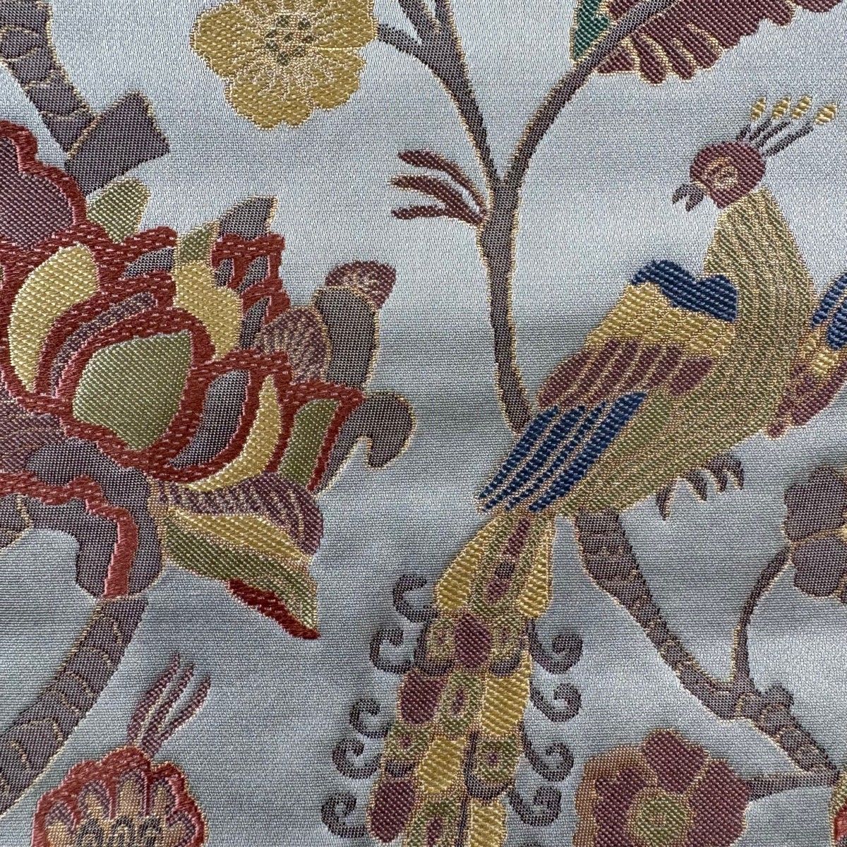 袋帯 秀品 枝花 鳥 箔 青灰色 六通 正絹