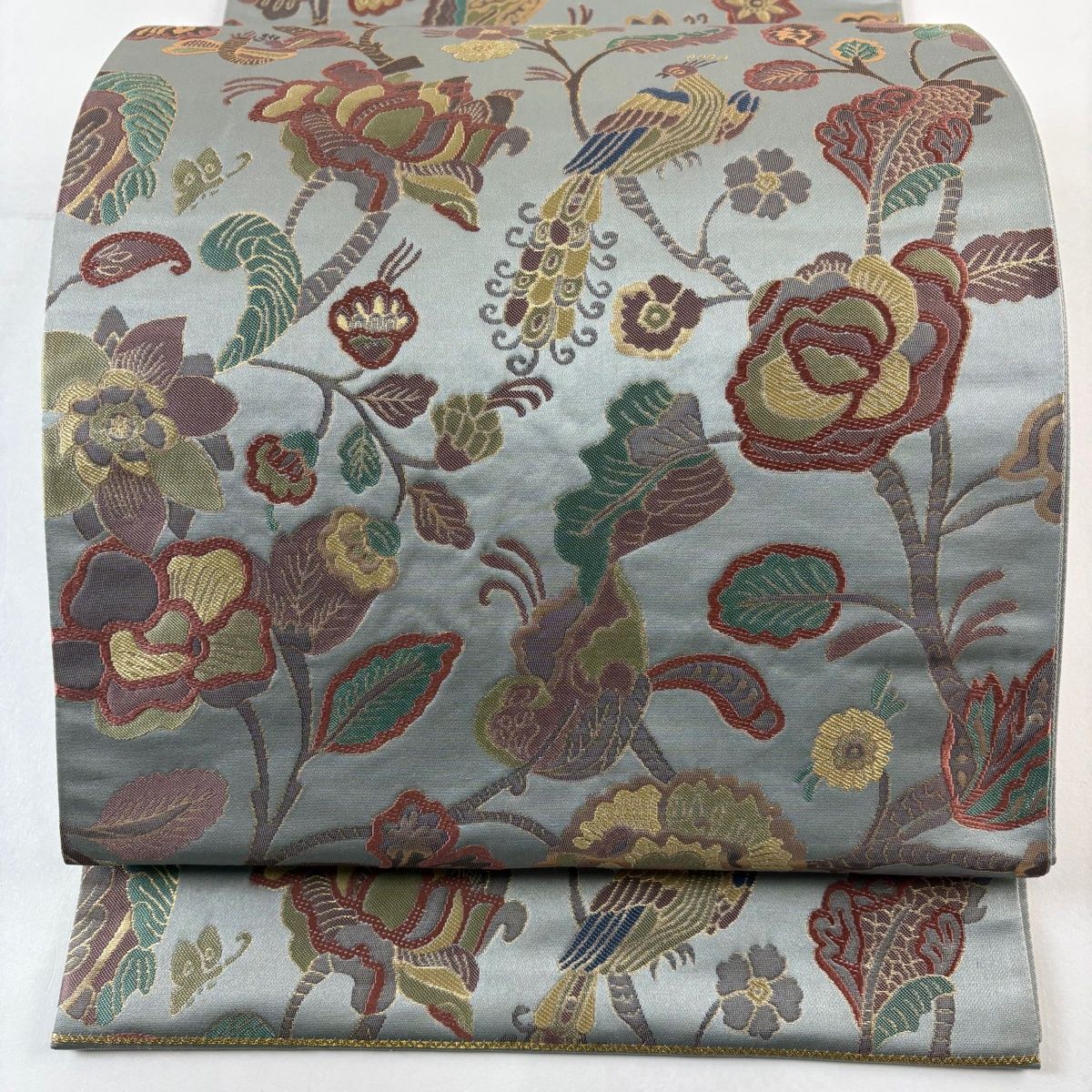 袋帯 秀品 枝花 鳥 箔 青灰色 六通 正絹