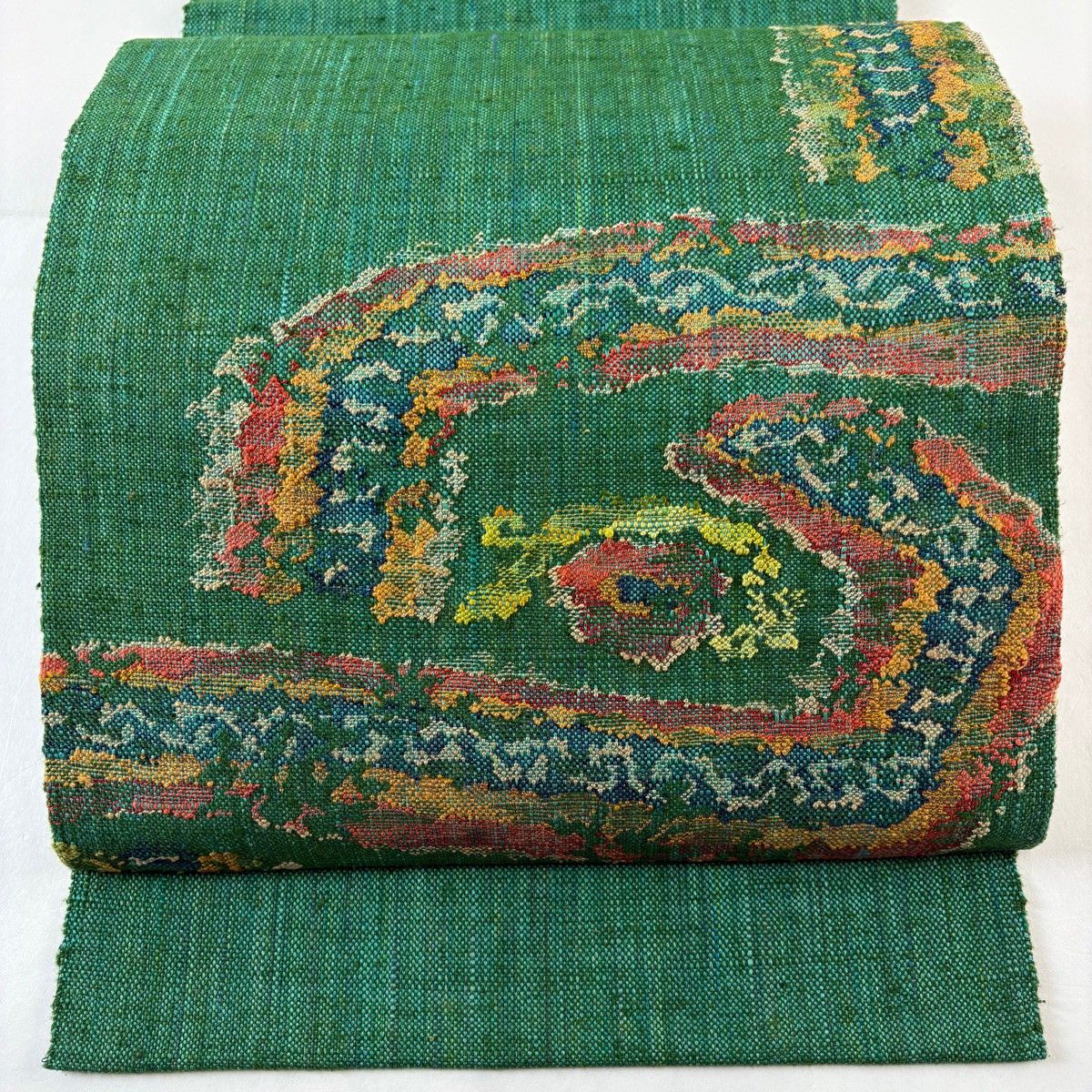 美品】 名古屋帯 秀品 八寸名古屋帯 松葉仕立て 幾何学模様 緑 正絹