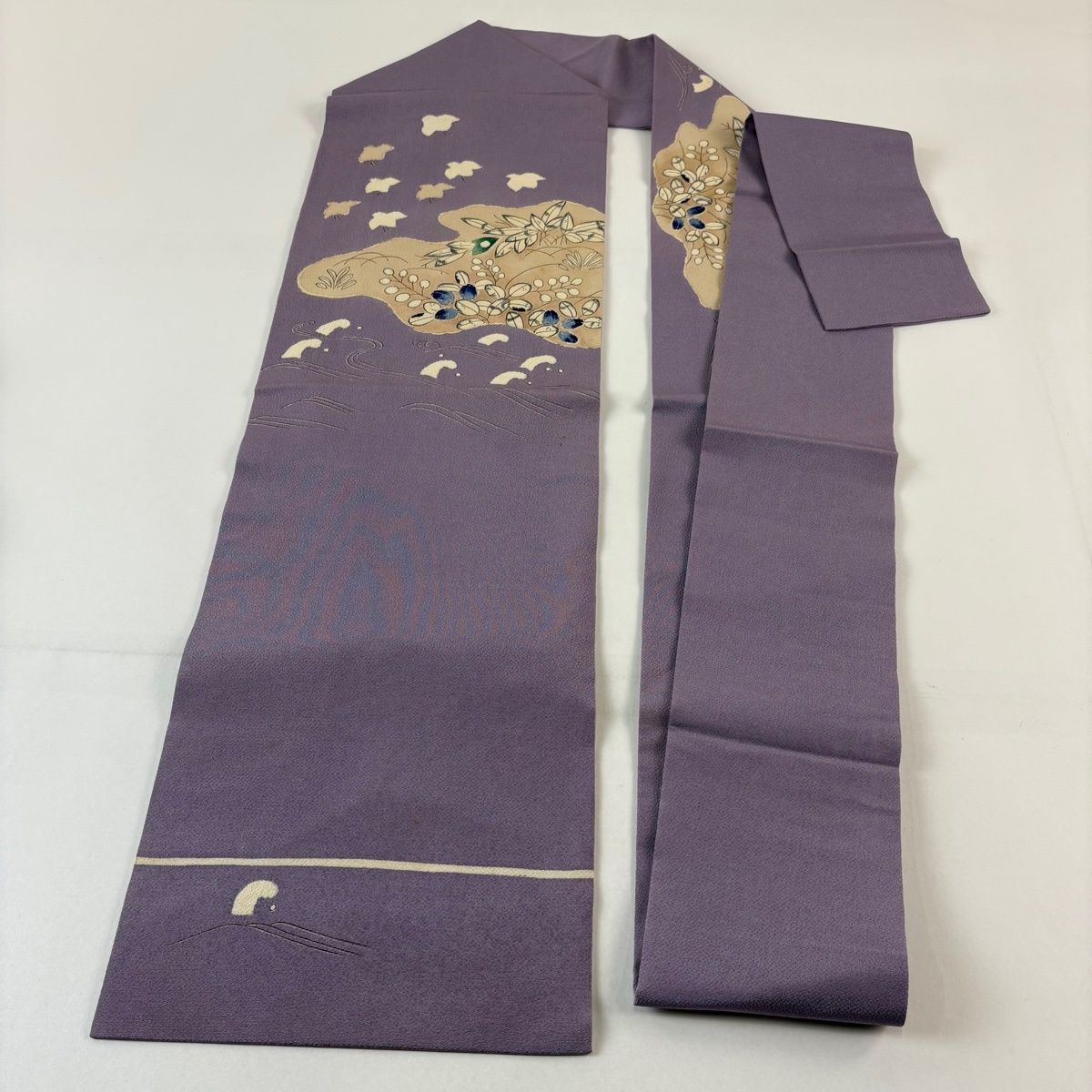 未使用品 名古屋帯 縮緬地 紫 桜 長さ3m84cm お洒落 カジュアル 正絹 