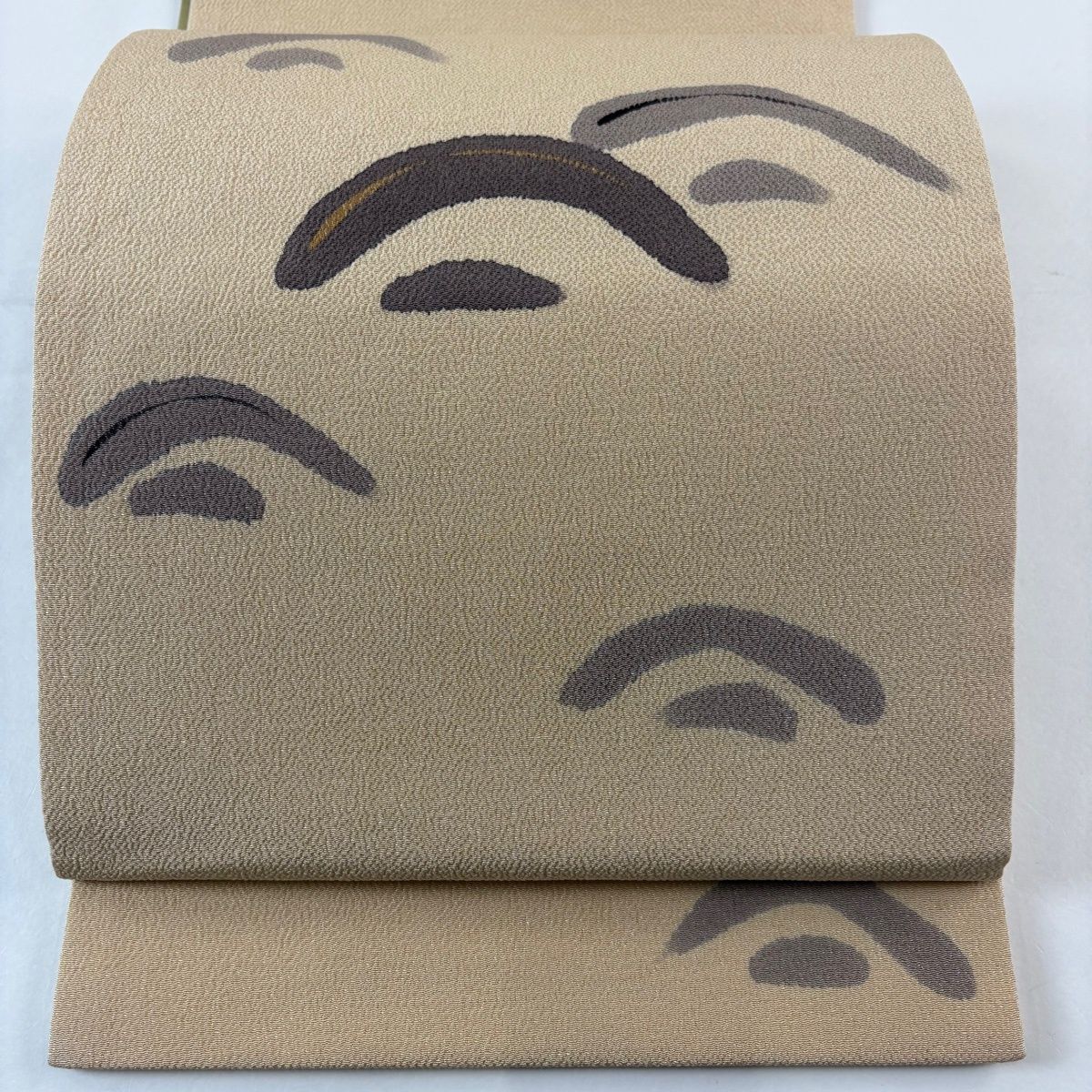 袋帯 秀品 波 金彩 縮緬 ベージュ お太鼓柄 正絹