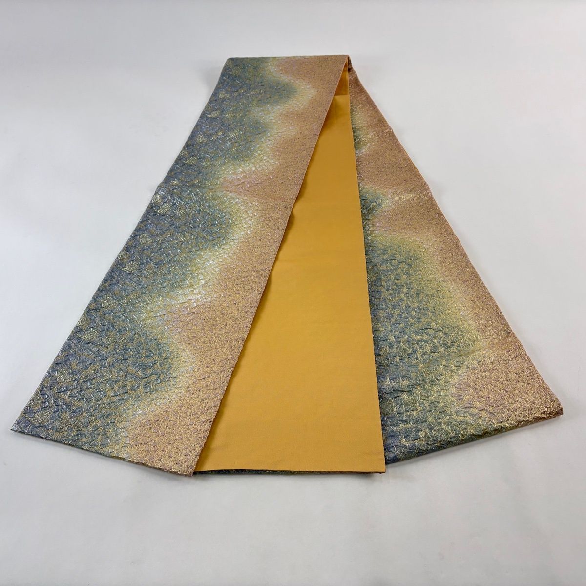  袋帯 秀品 霞 金糸 箔 青灰色 全通 正絹 袋帯 帯