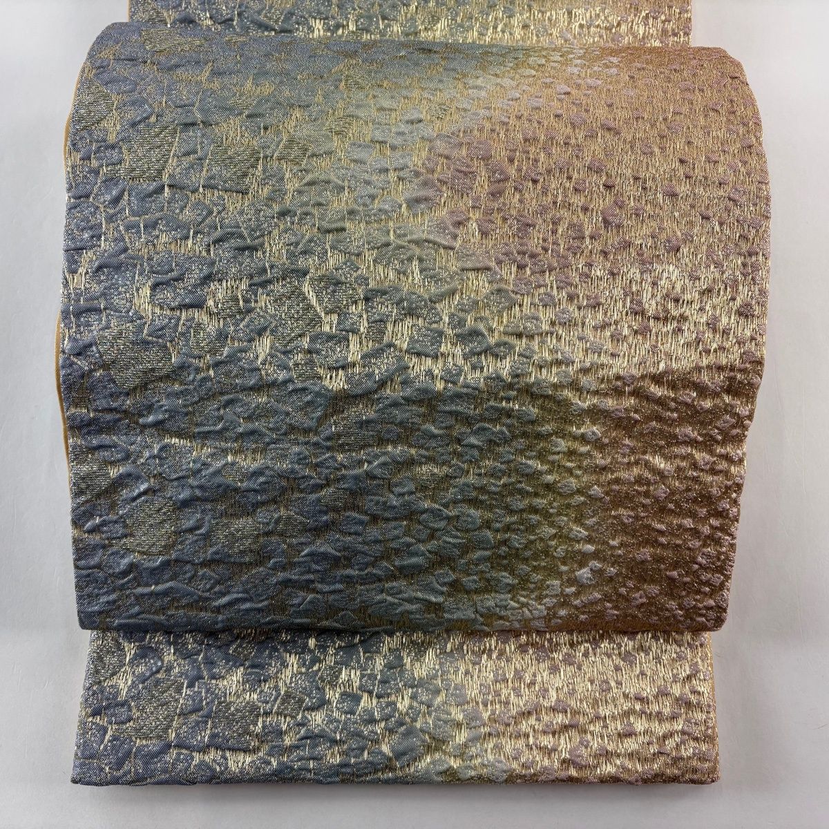 袋帯 秀品 霞 金糸 箔 青灰色 全通 正絹