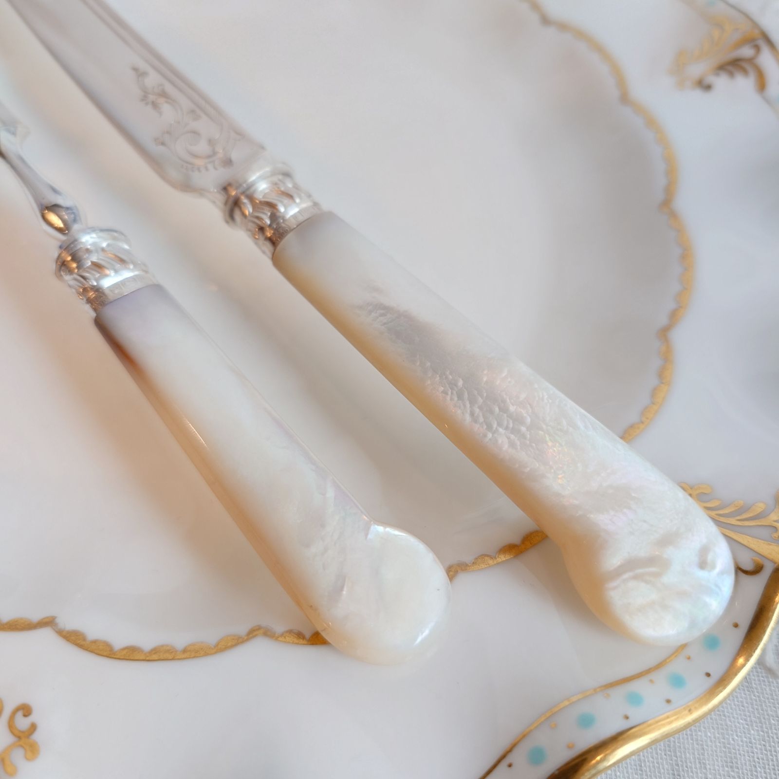 白蝶貝カトラリー セットEマザーオブパールハンドル 純銀製フェルール