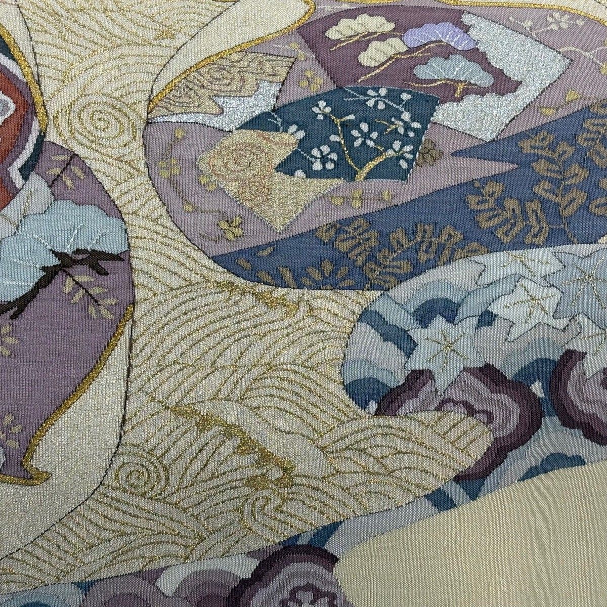 袋帯 秀品 貝合わせ 霞 金銀糸 箔 ベージュ お太鼓柄 正絹