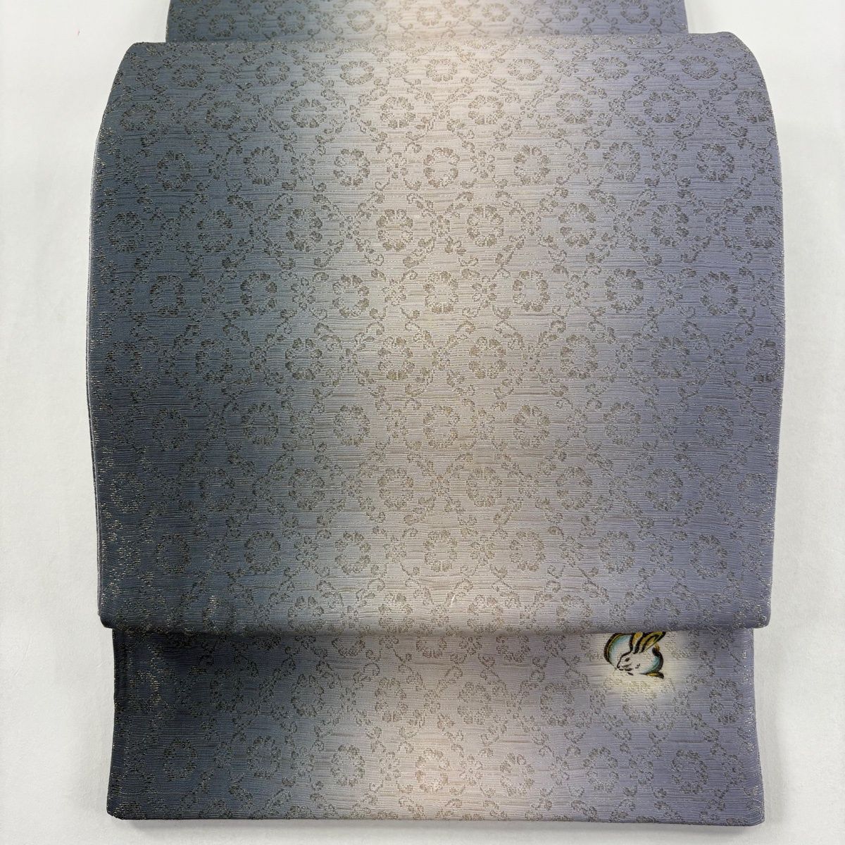 袋帯 秀品 鈴乃屋 花 金糸 ぼかしぼかし 青灰色 全通 正絹