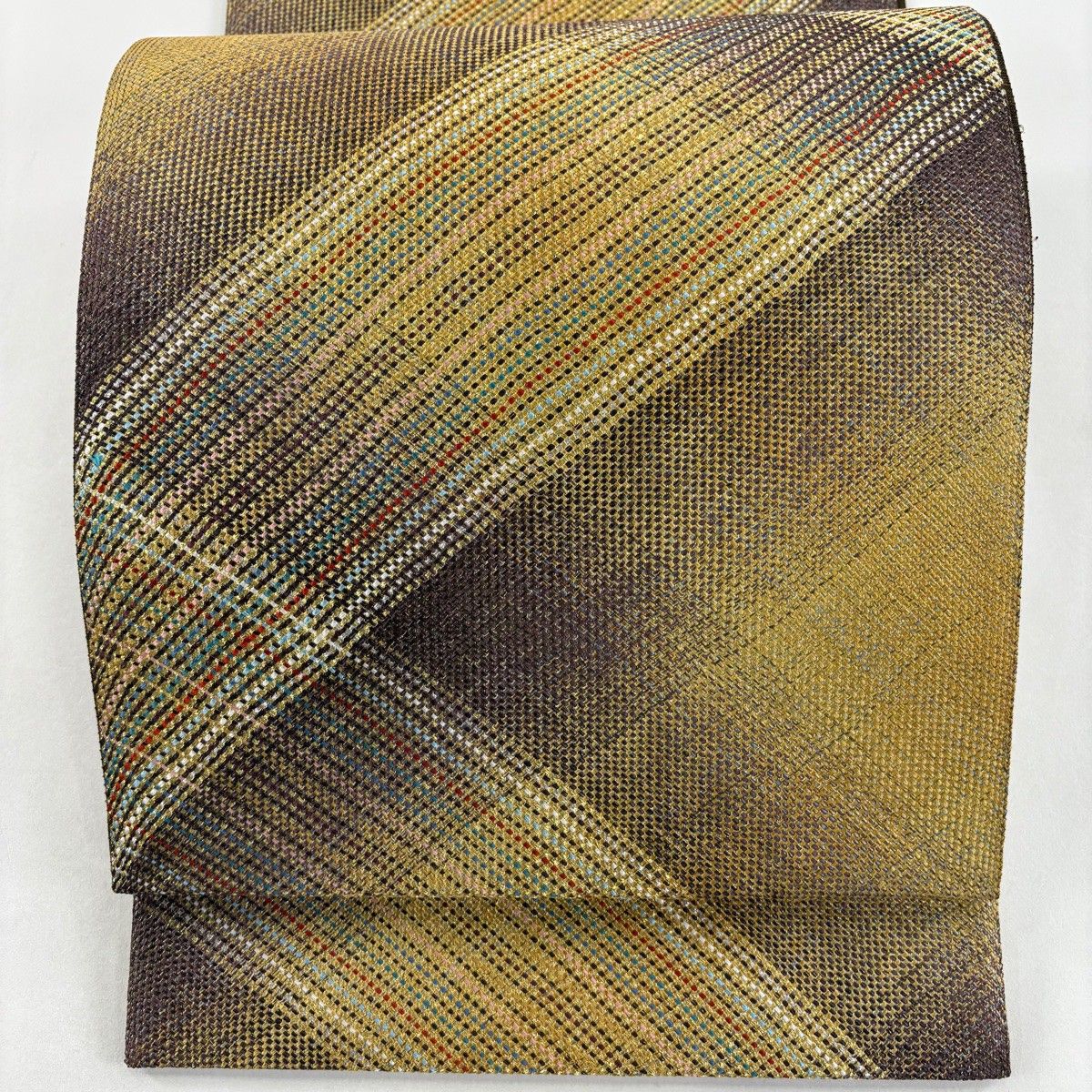 袋帯 秀品 幾何学模様 金銀糸 山吹茶色 全通 正絹