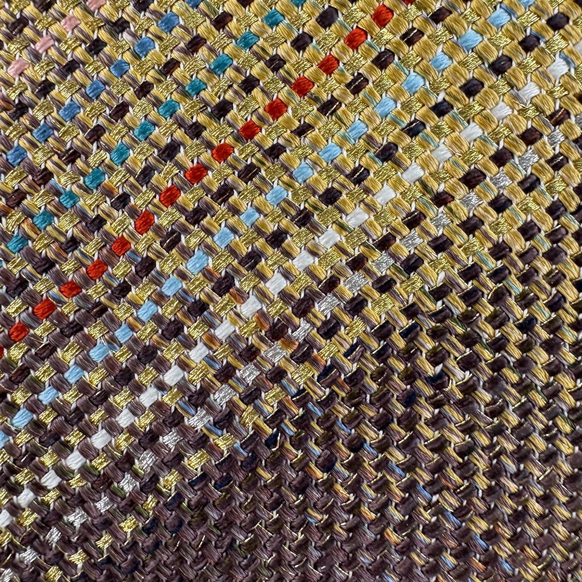 袋帯 秀品 幾何学模様 金銀糸 山吹茶色 全通 正絹