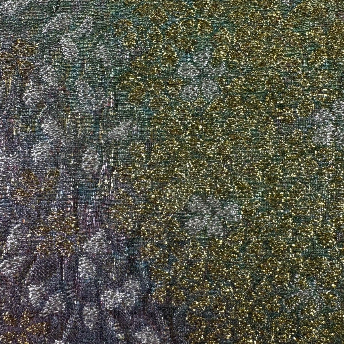 袋帯 秀品 鈴乃屋 草花 花びら 金銀糸 箔 よもぎ色 全通 正絹