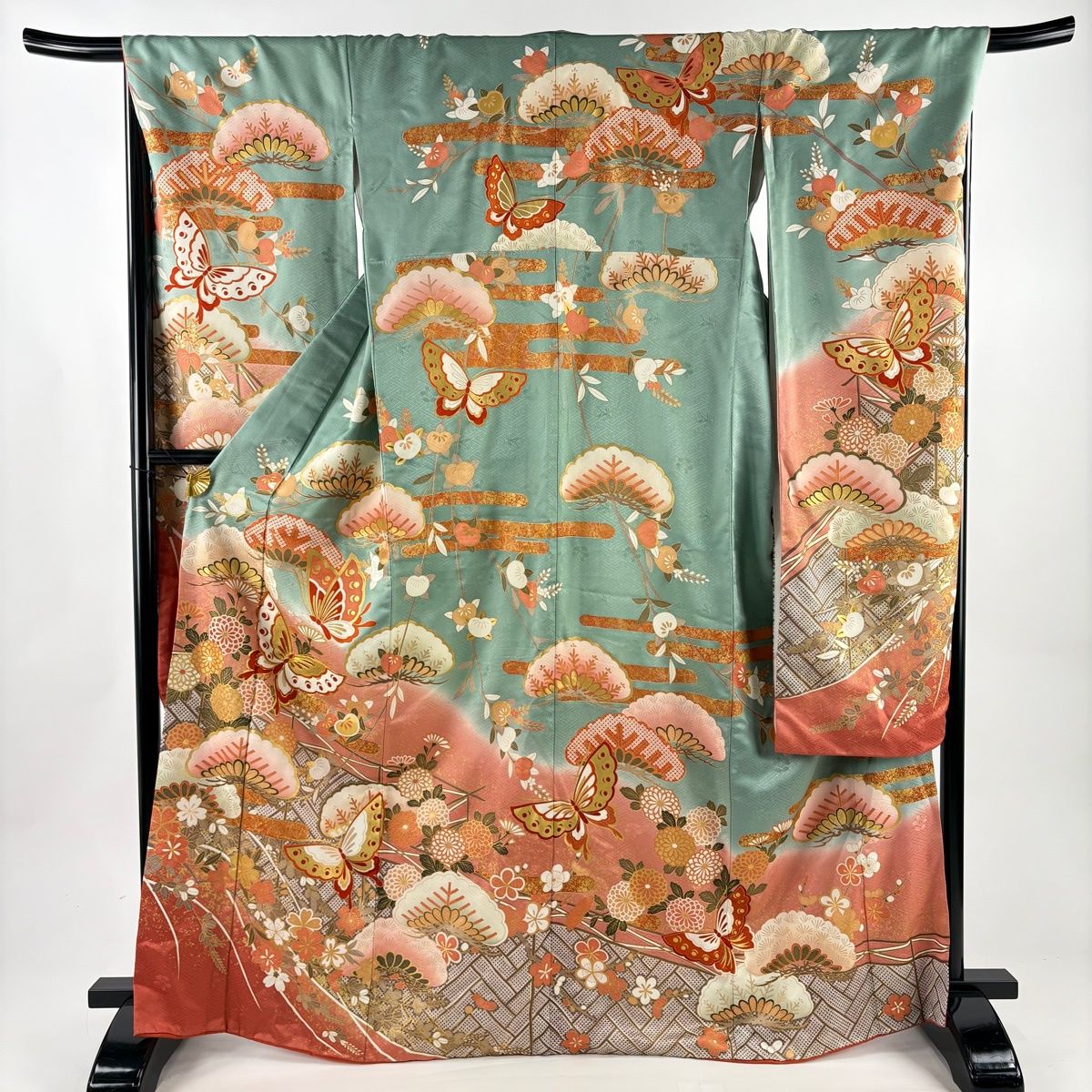 振袖 身丈167 5 cm 裄丈68 L 袷 ますいわ屋 蝶 松梅 金糸 金彩 灰緑 正絹 秀品