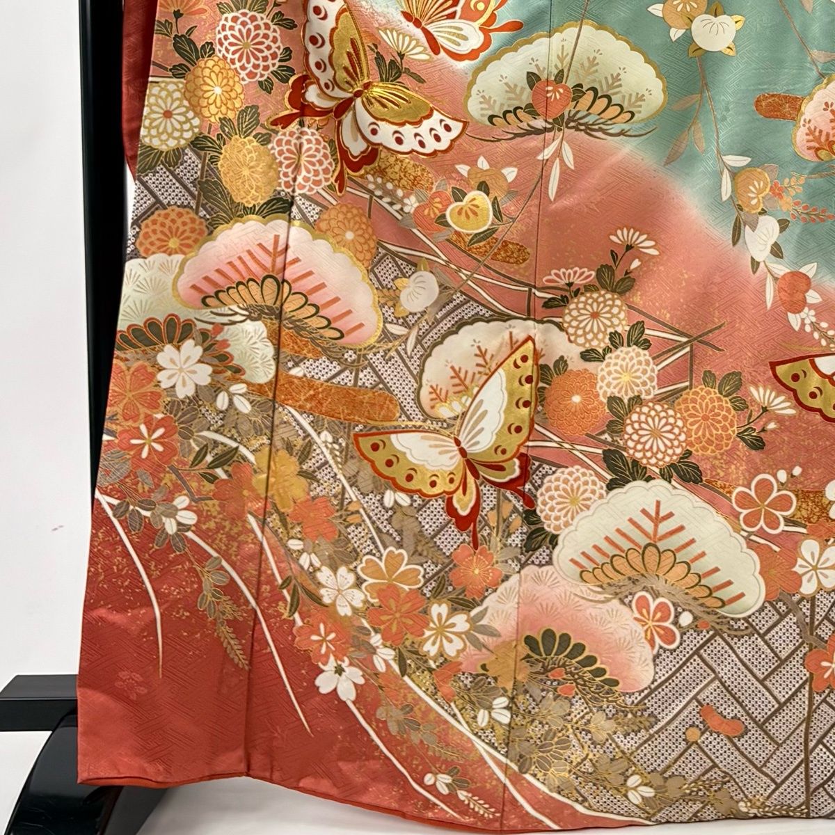 振袖 身丈167.5 cm 裄丈68.5 L 袷 ますいわ屋 蝶 松梅 金糸 金彩 灰緑 正絹 秀品