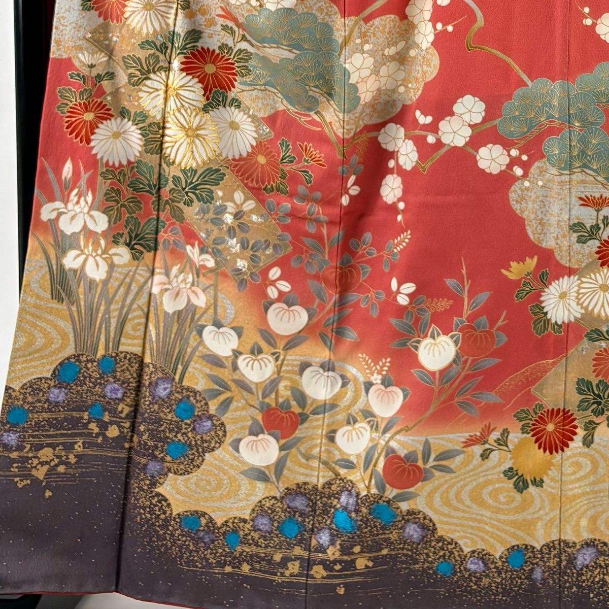 振袖 身丈164 cm 裄丈66 M 袷 橋 草花 金糸 金銀彩 濃ピンク 正絹 秀品