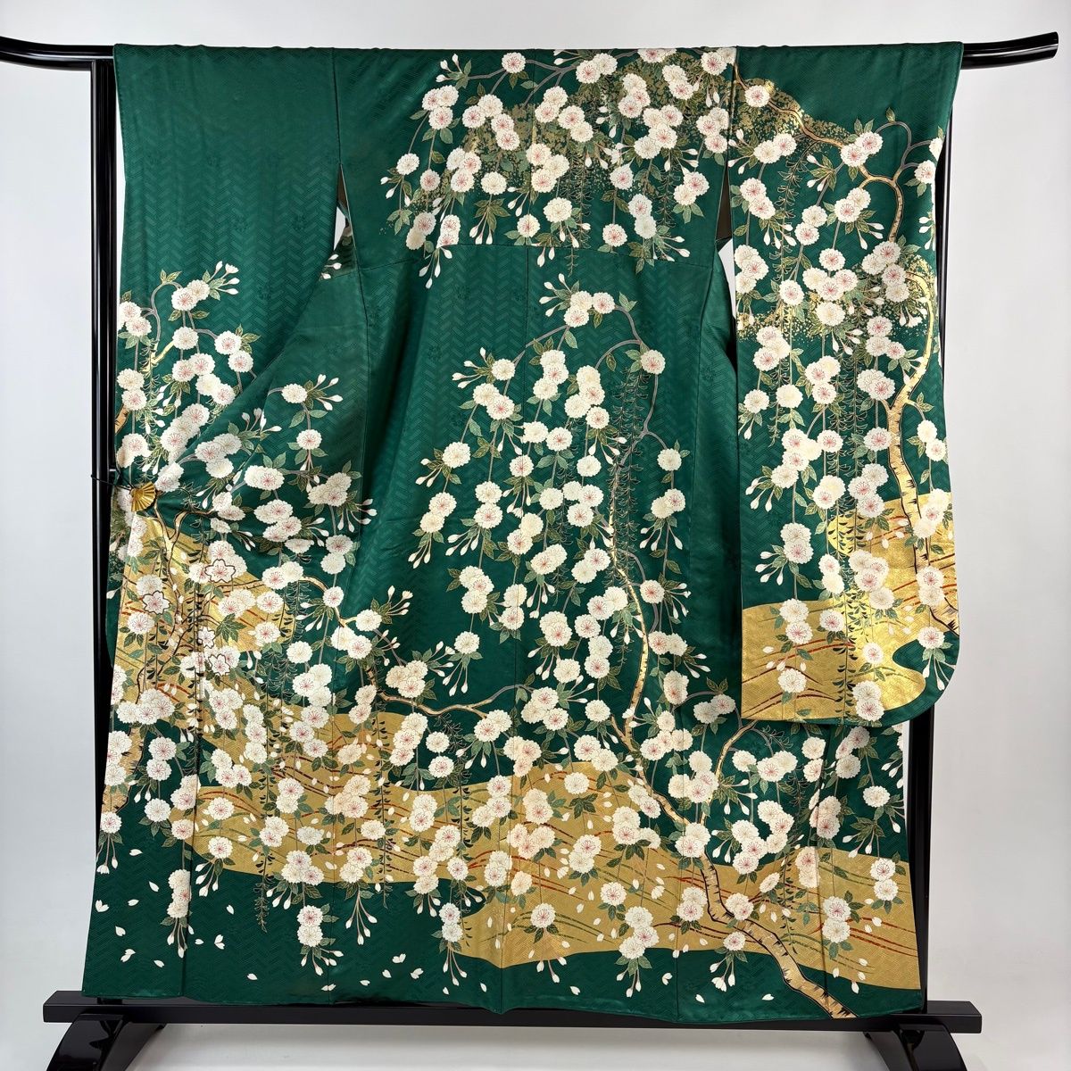 振袖 身丈158 cm 裄丈66.5 M 袷 吾妻徳穂 落款 枝垂れ桜 波 金彩 緑 正絹 秀品