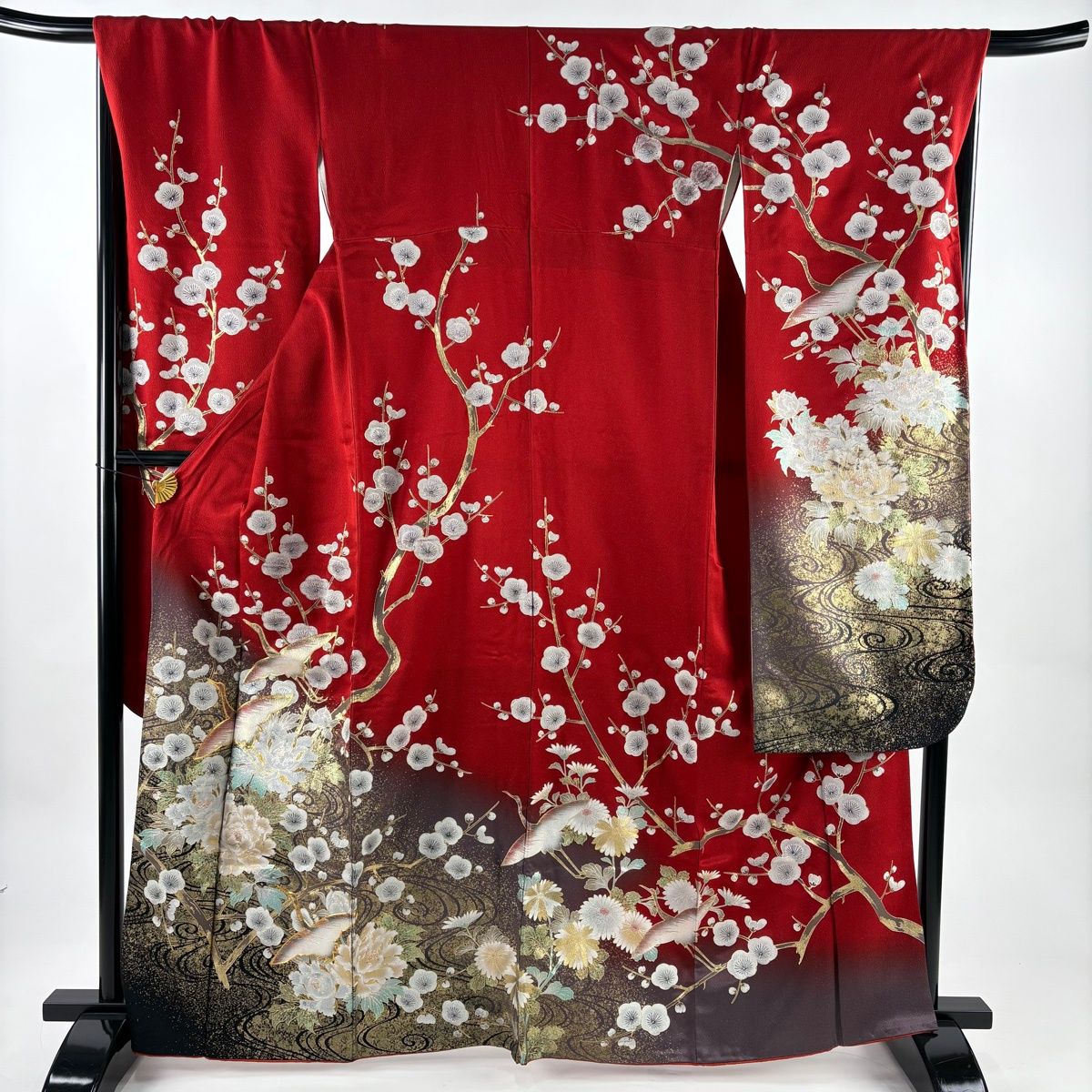 振袖 身丈163 5 cm 裄丈68 L 袷 枝梅 鶴 金糸 金銀彩 赤 正絹 秀品