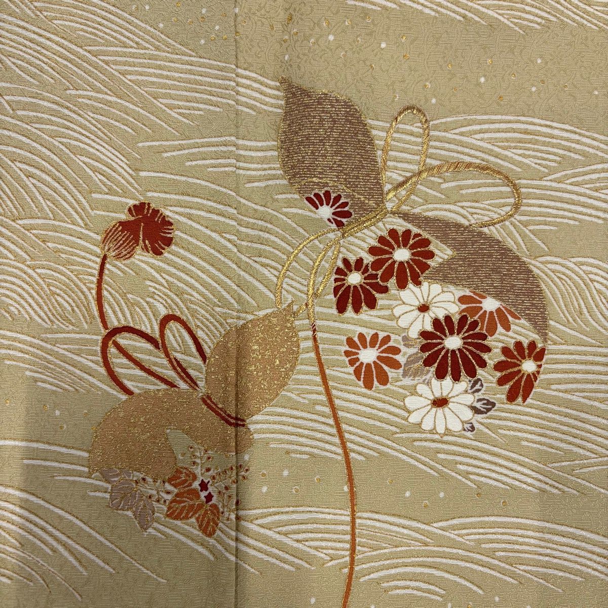 付下げ 身丈155.5cm 裄丈62.5cm S 袷 瓢箪 波 金糸 金彩 ベージュ 正絹