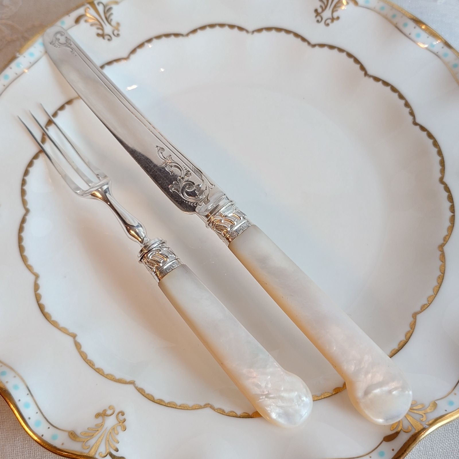 白蝶貝カトラリー セットD マザーオブパールハンドル 純銀製フェルール イギリス製 アンティーク