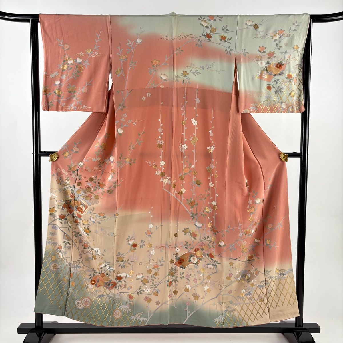 訪問着 身丈154cm 裄丈63cm S 袷 落款 扇面 橘 金銀彩 染め分け