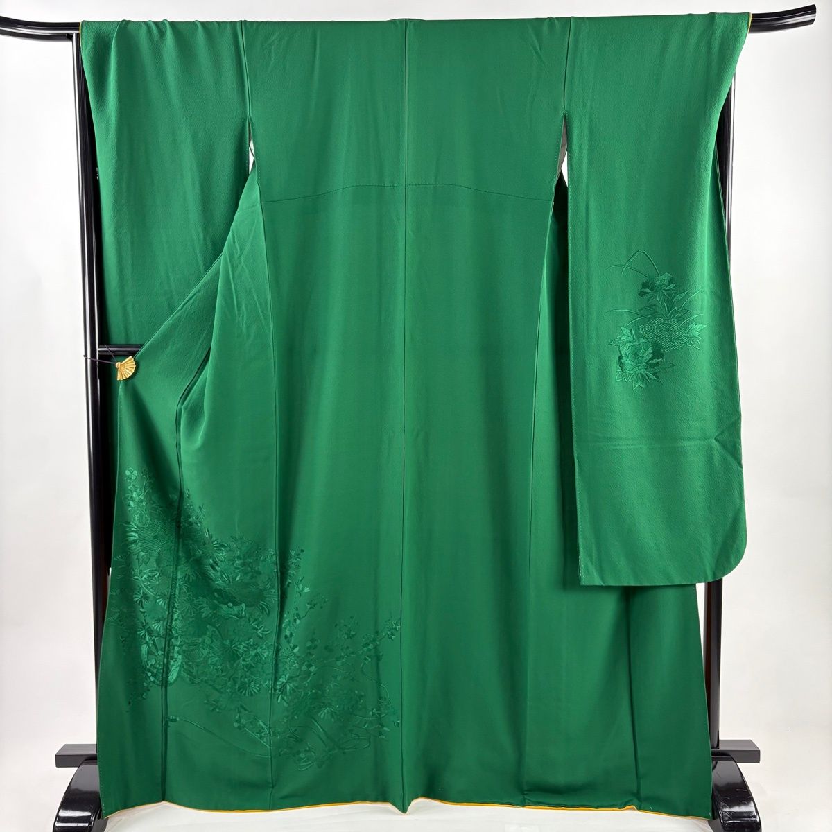 振袖 身丈168 cm 裄丈67 5 L 袷 花車 刺繍 緑 正絹 秀品