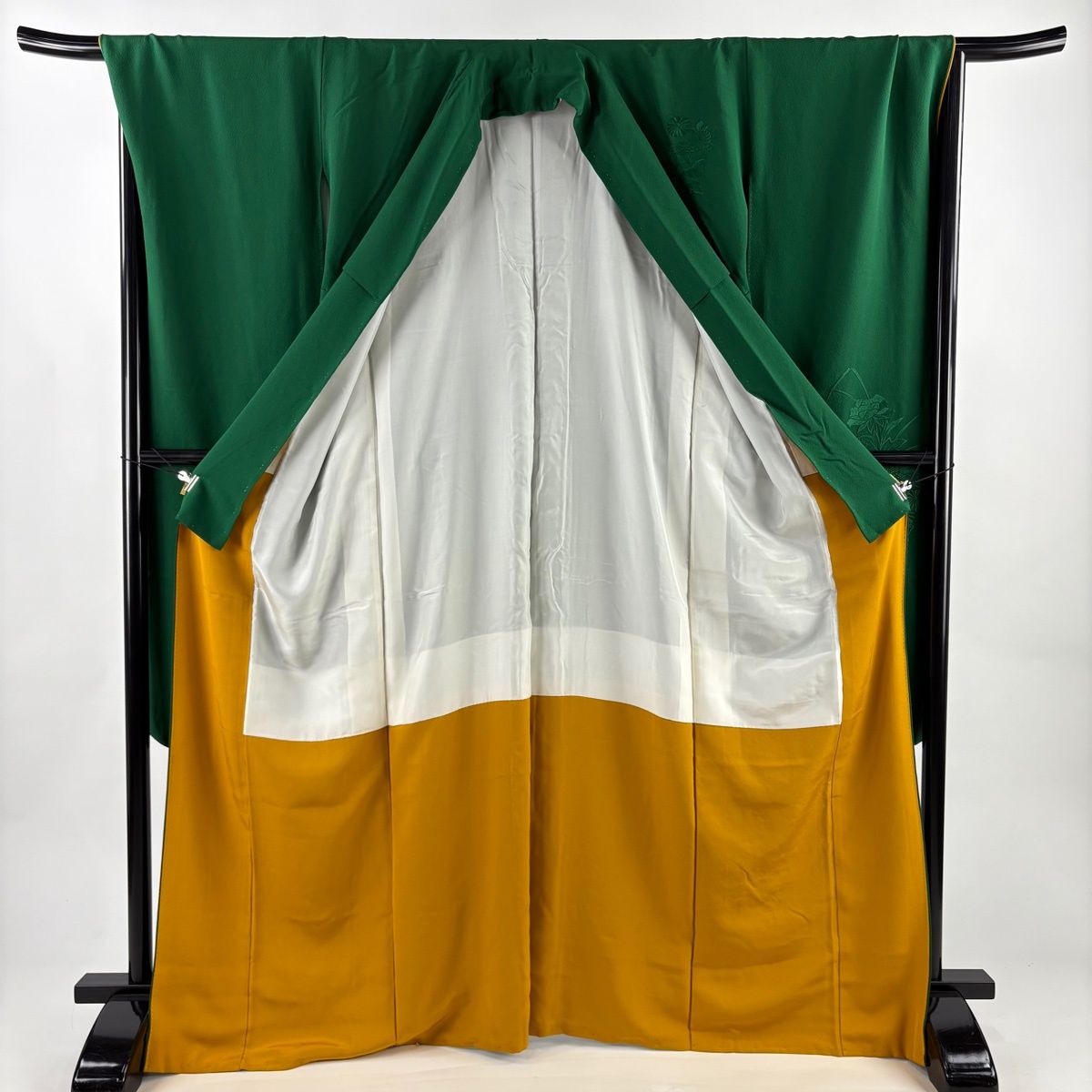  振袖 身丈168 cm 裄丈67.5 L 袷 花車 刺繍 緑 正絹 秀品 振袖 着物