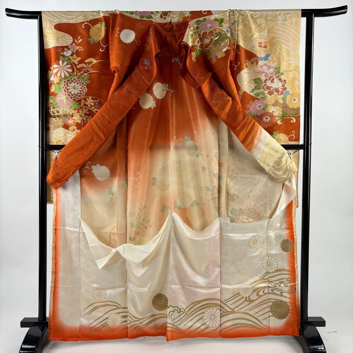  振袖 身丈169 cm 裄丈63 未仕立て 仮絵羽 花車 流水 金糸 金通し オレンジ 正絹 秀品 振袖 着物