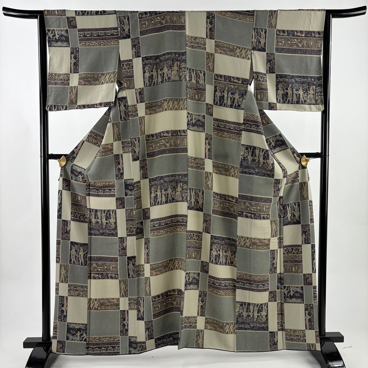 小紋 身丈161.5 cm 裄丈64 M 袷 コプト柄 灰緑 正絹 秀品