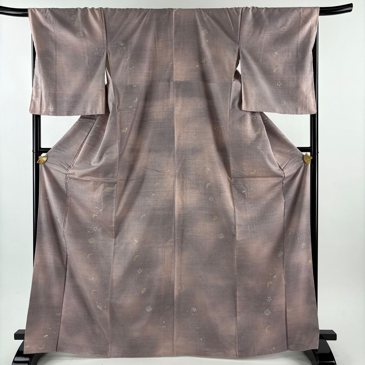 小紋 身丈168.5 cm 裄丈69 L 袷 紬地 落款 源氏香 桜 金彩 灰桜 正絹 秀品