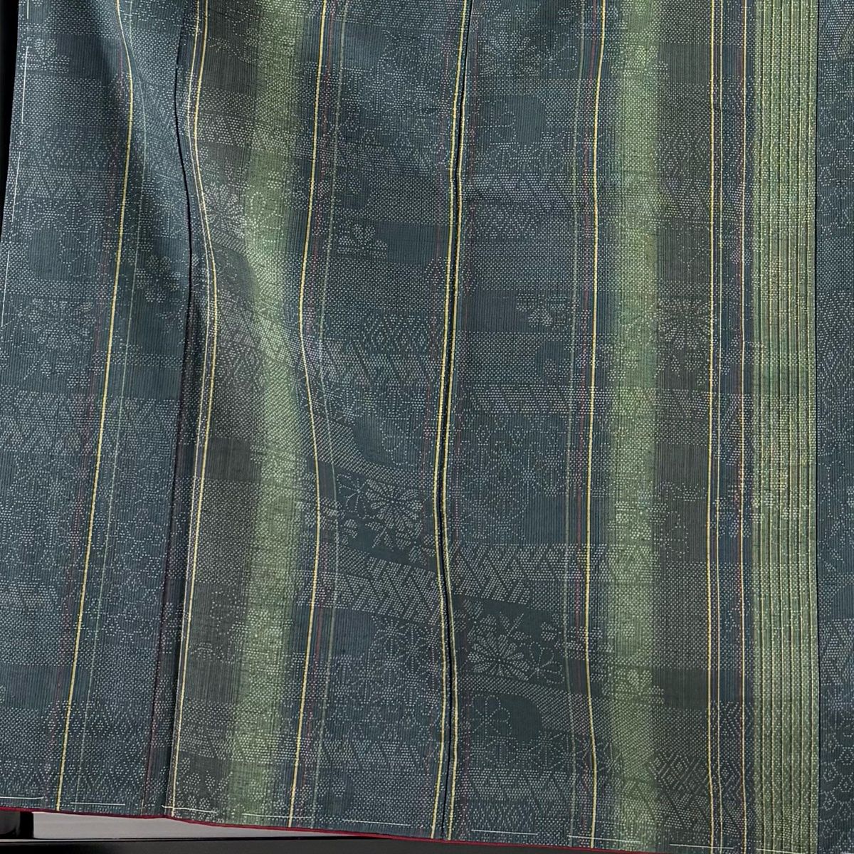 紬 身丈161 cm 裄丈63 S 袷 証紙 菊 縦縞 深緑 正絹 秀品