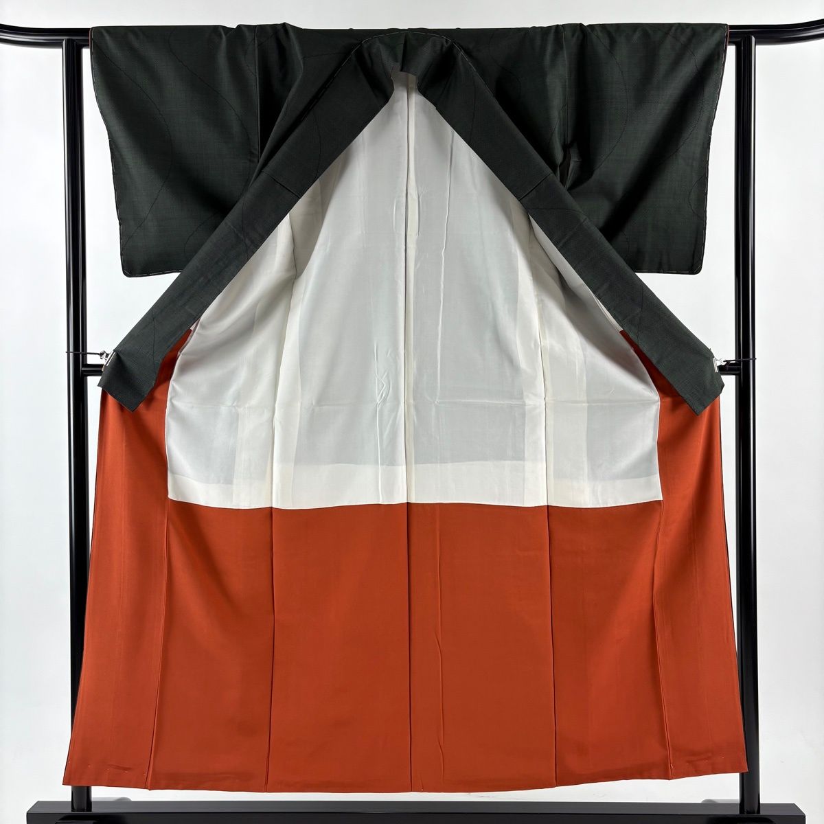  紬 身丈156 cm 裄丈61 5 S 袷 幾何学 深緑 正絹 秀品 紬 着物