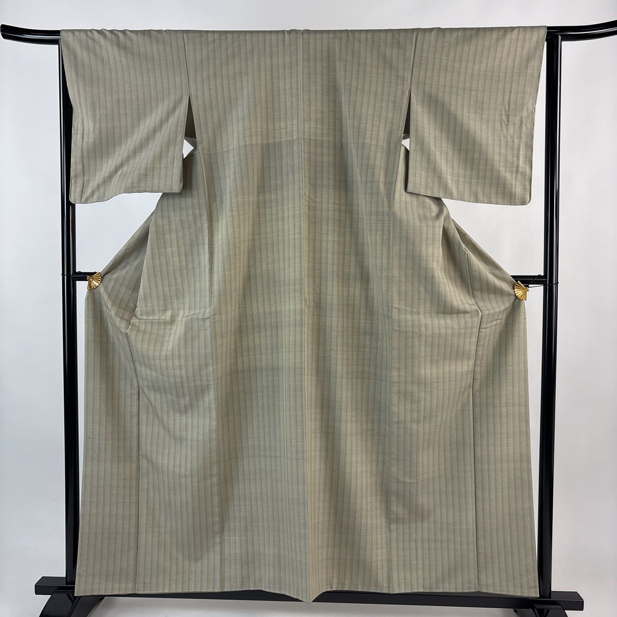 紬 身丈157 5 cm 裄丈64 M 袷 証紙 縦縞 灰緑 正絹 秀品