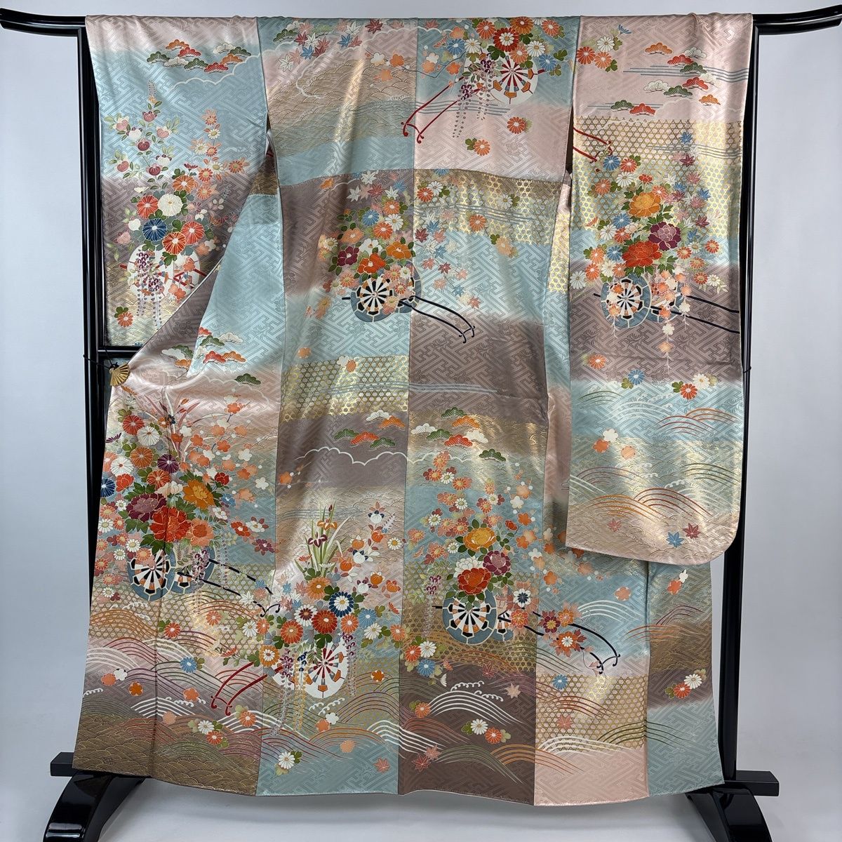 振袖 身丈162 cm 裄丈66 M 袷 花車 波 金糸 金彩 青灰色 正絹 秀品