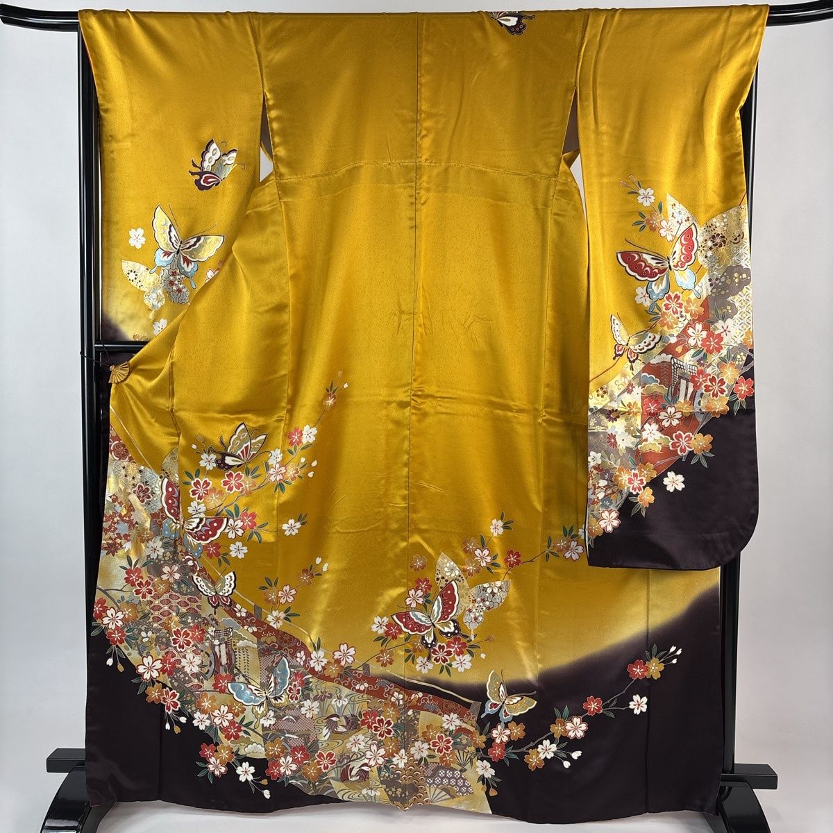 振袖 身丈167 cm 裄丈67 M 袷 御所車 蝶 金糸 金銀彩 山吹色 正絹 秀品