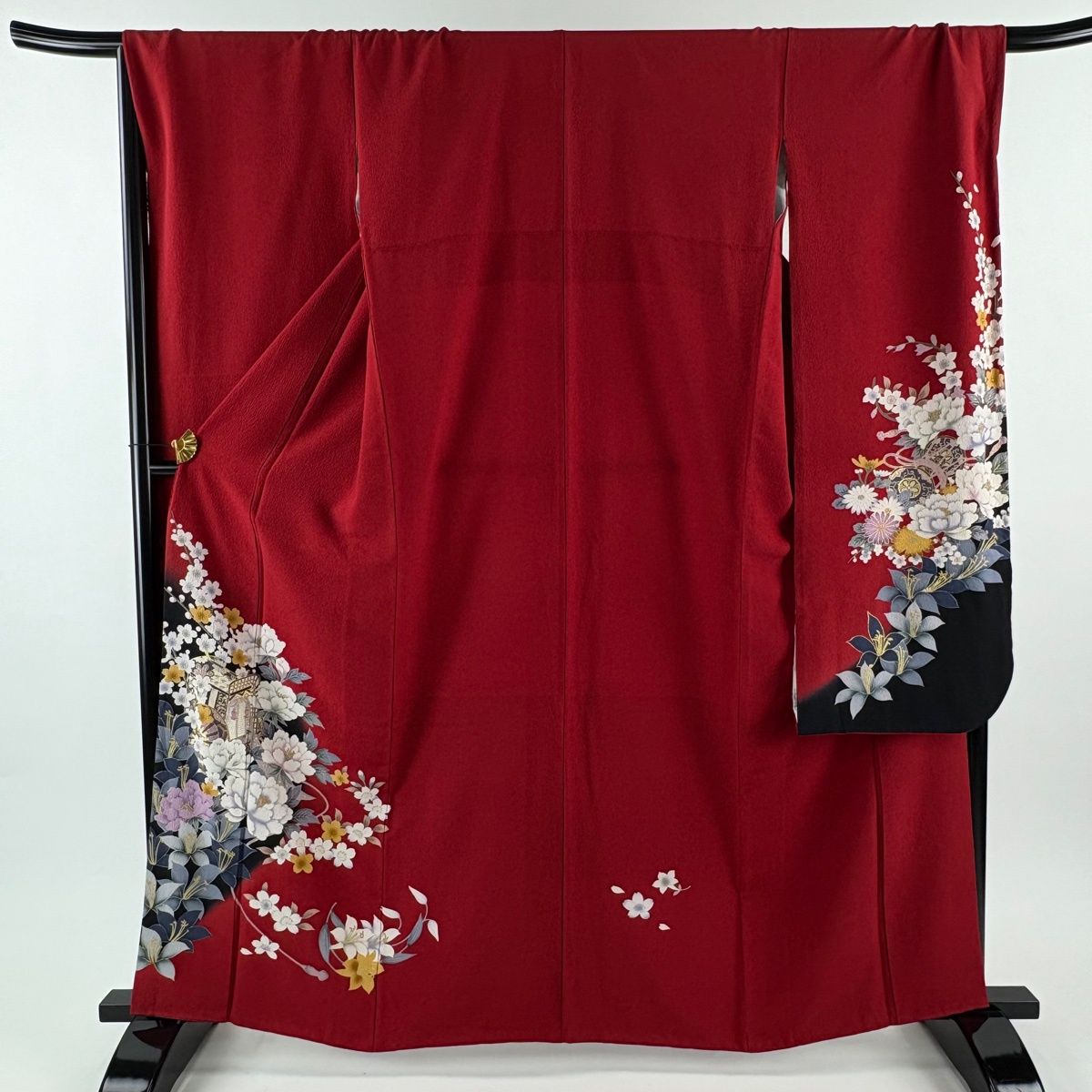 振袖 身丈161 5 cm 裄丈69 L 袷 御所車 牡丹 金彩 赤 正絹 秀品