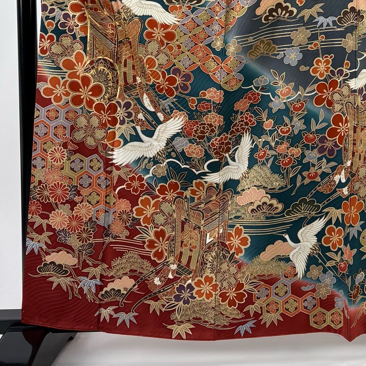 振袖 身丈162.5 cm 裄丈62.5 S 袷 御所車 鶴 金糸 金彩 青緑 正絹 秀品