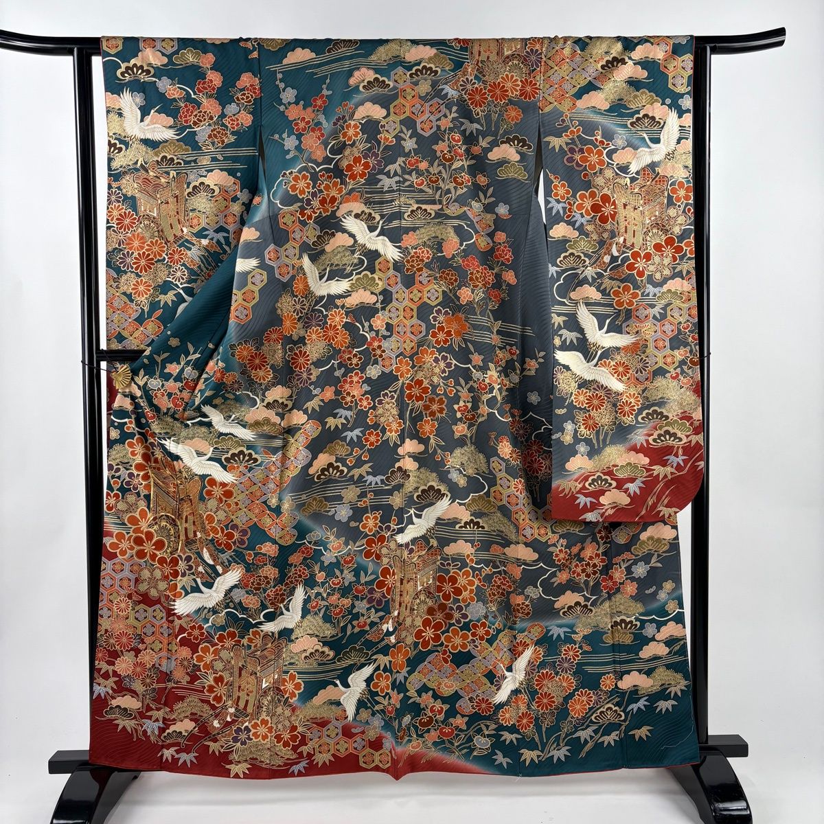 振袖 身丈162.5 cm 裄丈62.5 S 袷 御所車 鶴 金糸 金彩 青緑 正絹 秀品