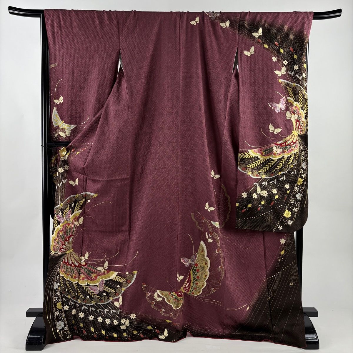振袖 身丈172 5 cm 裄丈68 L 袷 蝶 草花 金銀彩 刺繍 赤紫 正絹 秀品