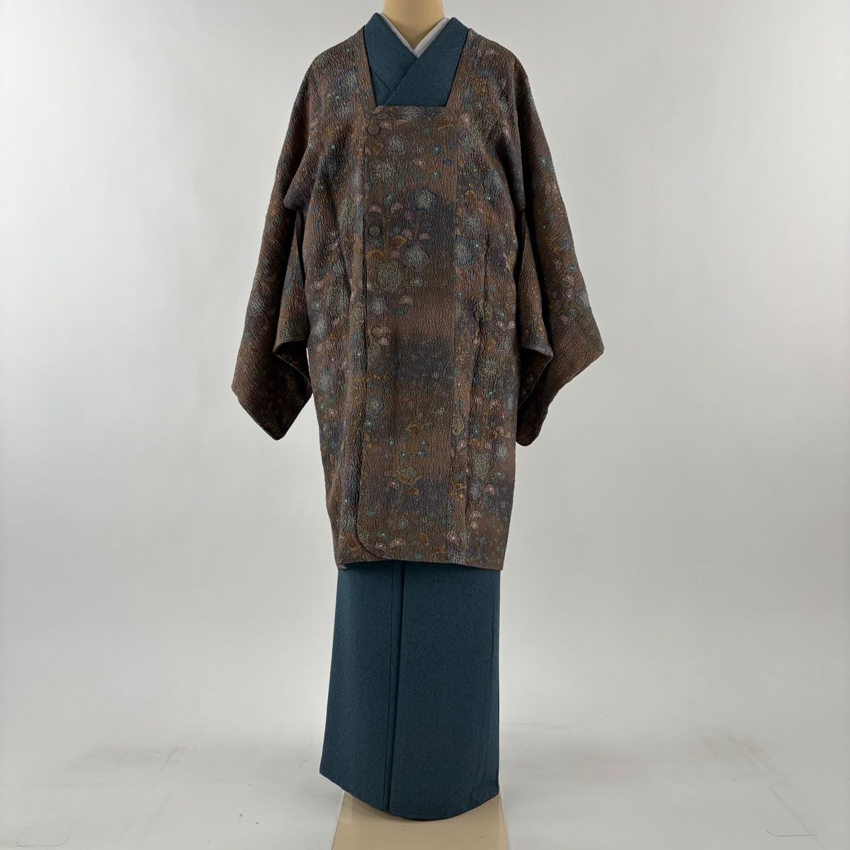 道行 身丈99 cm 裄丈66 M 和装コート 角衿 桜 金彩 茶色 正絹 秀品