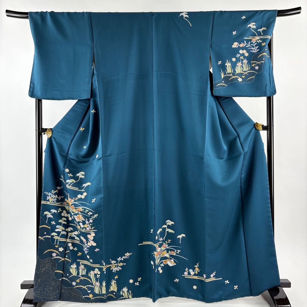 訪問着 身丈167cm 裄丈69.5cm L 袷 草花 ヱ霞 金銀彩 青緑 正絹 秀品