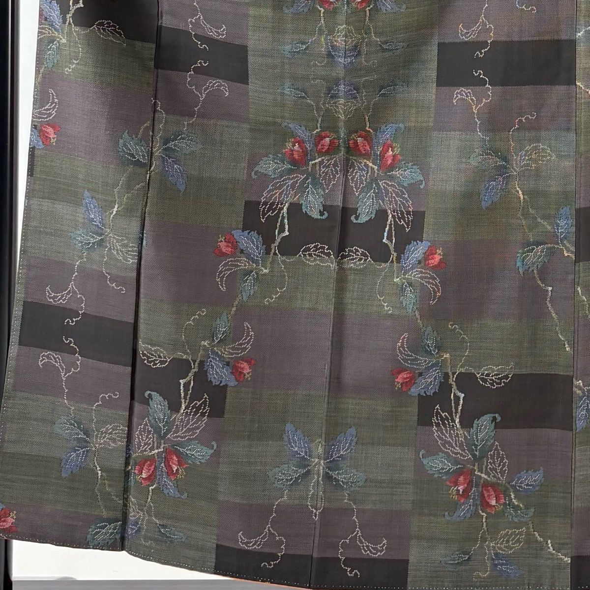 紬 身丈156 cm 裄丈60.5 S 袷 草花 幾何学模様 深緑 正絹 秀品