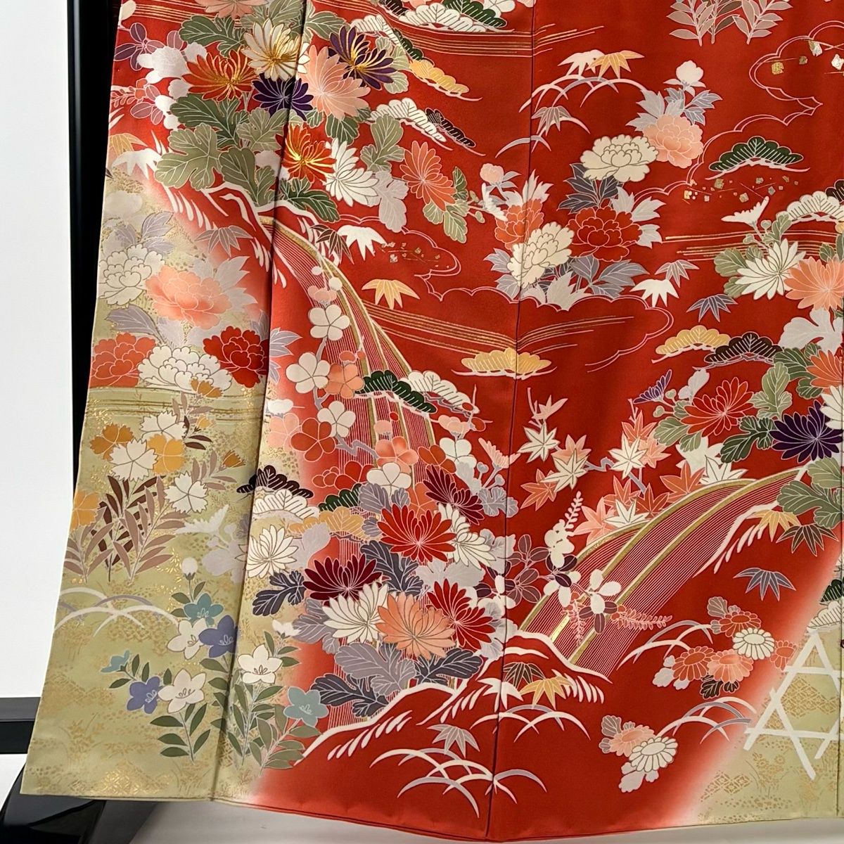 振袖 身丈164.5 cm 裄丈67 M 袷 松竹梅 滝 金糸 金銀彩 朱色 正絹 秀品